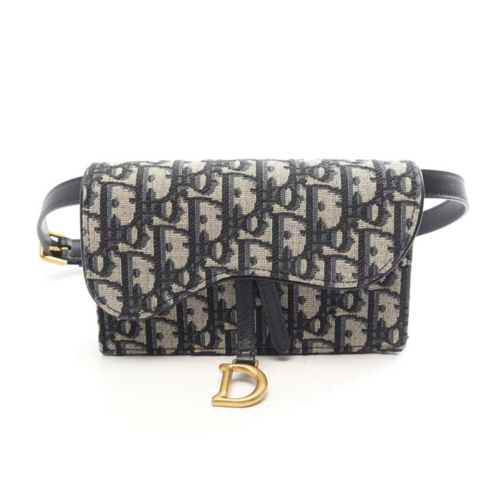 Christian Dior Oblique Saddle Belt Shoulder Bag Canvas Leather Navy Blue Beige